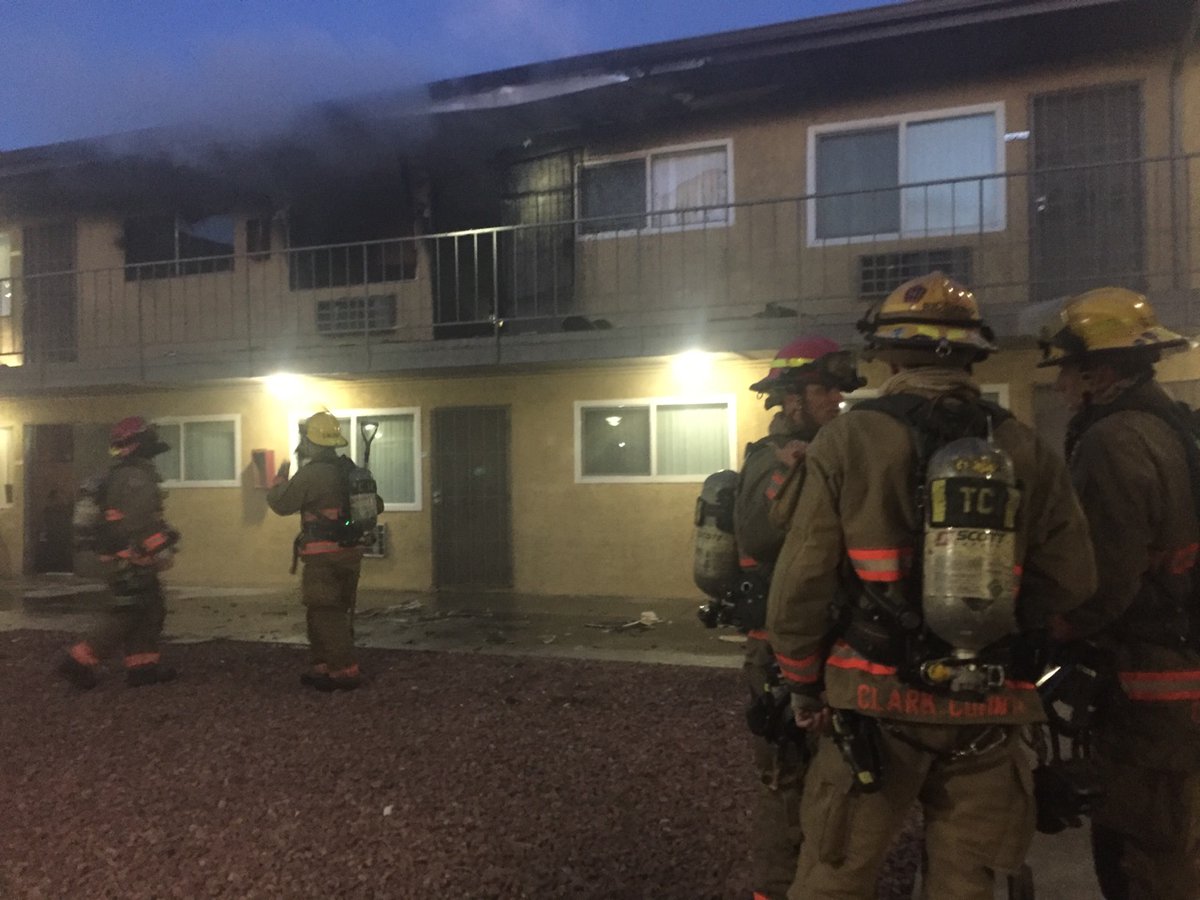 The Clark County Fire Department responded to a report of a fire at a Siegel Suites apartment complex at 905 East Twain Avenue near Swenson Street. Firefighters reported smoke and flames coming from a two-story apartment building. Crews knocked the fire down at a reported time of 6:14 a.m.