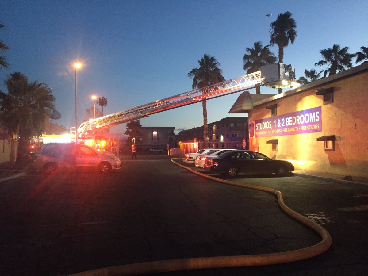 The Clark County Fire Department responded to a report of a fire at a Siegel Suites apartment complex at 905 East Twain Avenue near Swenson Street. Firefighters reported smoke and flames coming from a two-story apartment building. Crews knocked the fire down at a reported time of 6:14 a.m.