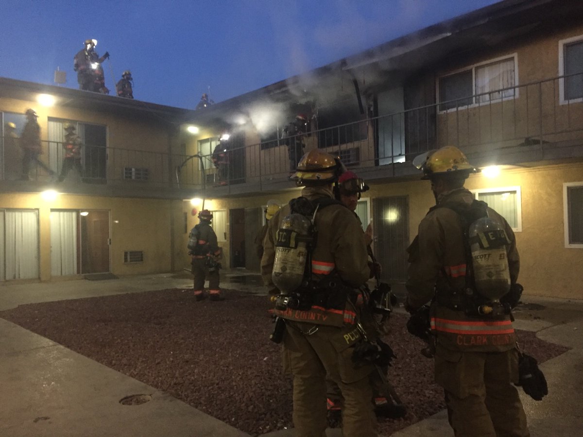 The Clark County Fire Department responded to a report of a fire at a Siegel Suites apartment complex at 905 East Twain Avenue near Swenson Street. Firefighters reported smoke and flames coming from a two-story apartment building. Crews knocked the fire down at a reported time of 6:14 a.m.