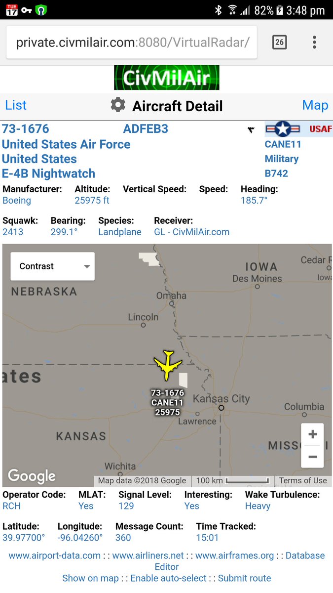 US Air Force E-4B Nightwatch 73-1676 CANE11  Airborne from Offutt AFB  
