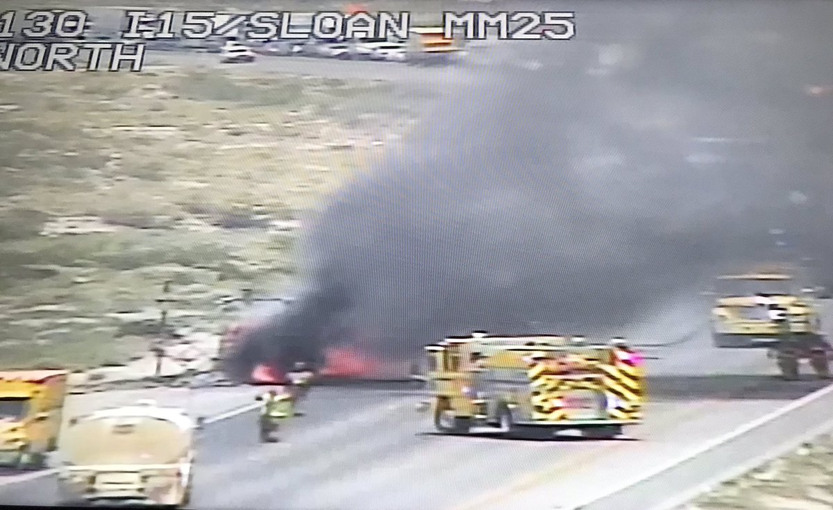 Motorhome on Fire, I-15 SB near Sloan. Road is closed at this time. Traffic is being diverted on to St Rose Pkwy. No injuries reported. Expect major delays
