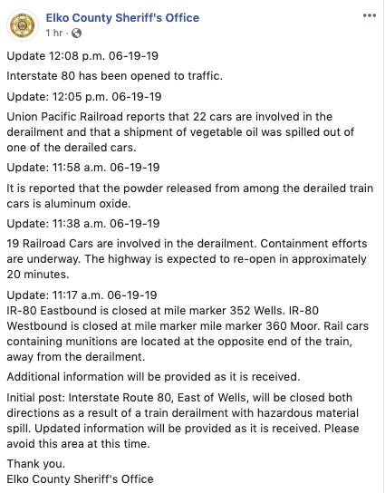 Train was carrying munitions, authorities confirm. The derailment forced closure of I-80 in both directions.  The highway has been reopened. Nevada   
