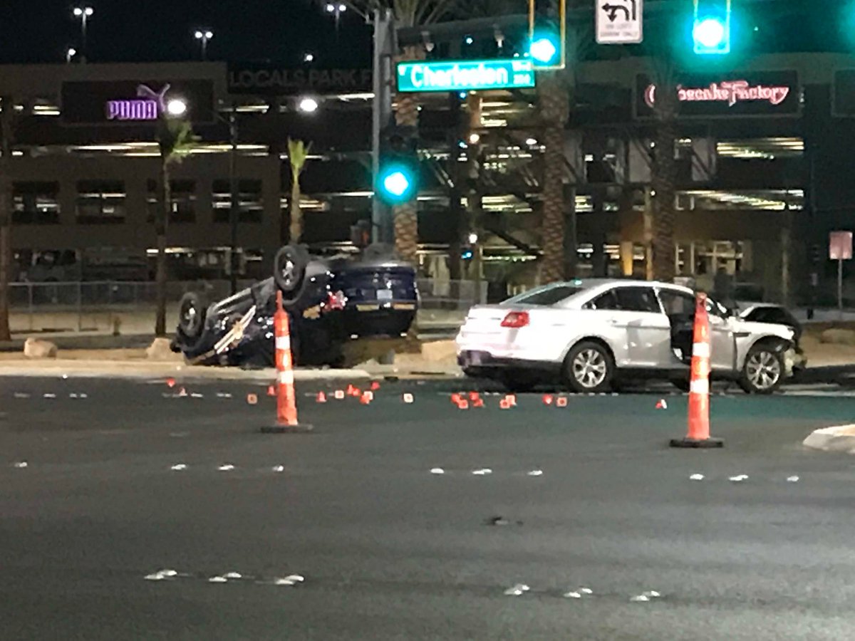 Charleston Blvd down to one lane at Grand Central Pkwy due to crash involving NHP vehicle
