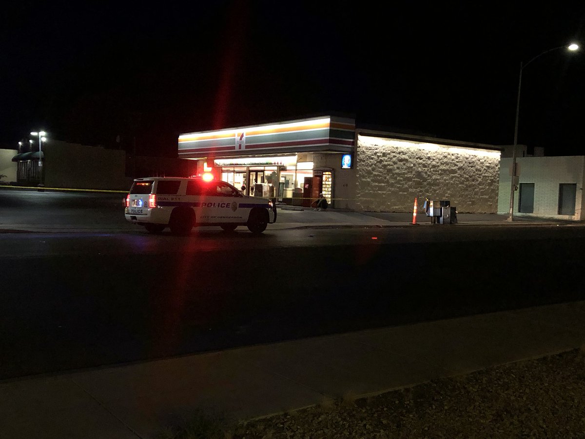 Scene of a Henderson NVPD police shooting at Boulder Highway and Barrett Street, near Warm Springs Road. Police have the parking lots of a 7-Eleven and an O'Reilly Auto Parts store across the street blocked off