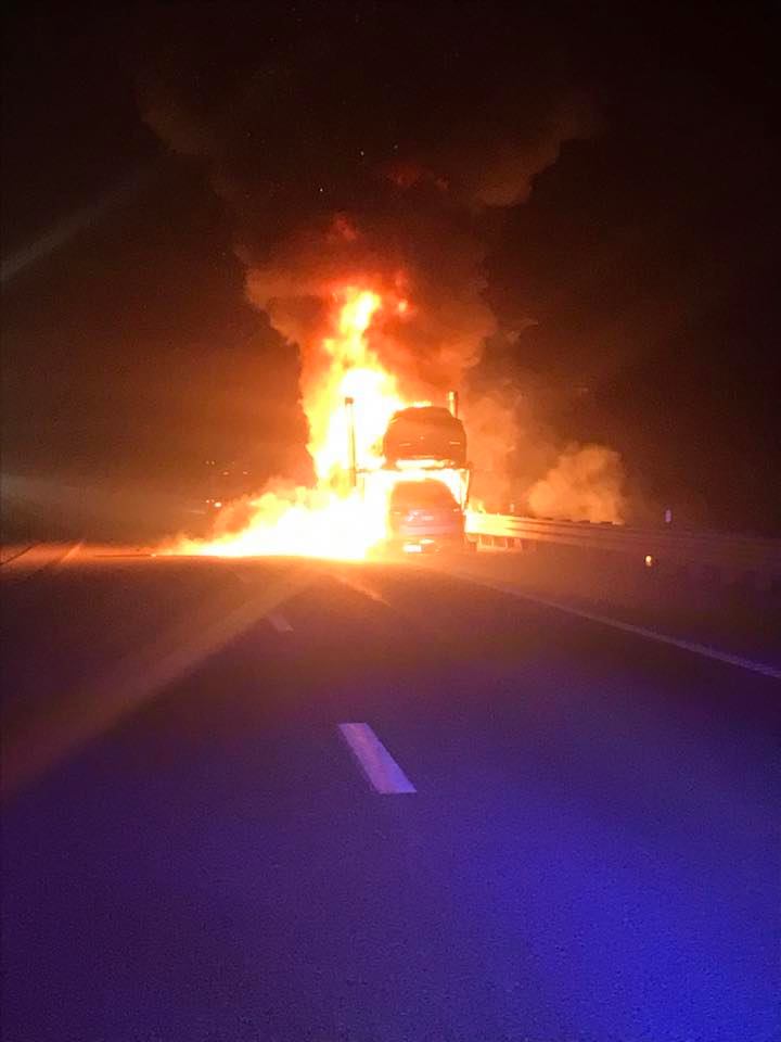 Semi tractor trailer carrying Tesla vehicles caught fire on I-80 E/B near Carlin. No word if anyone was hurt