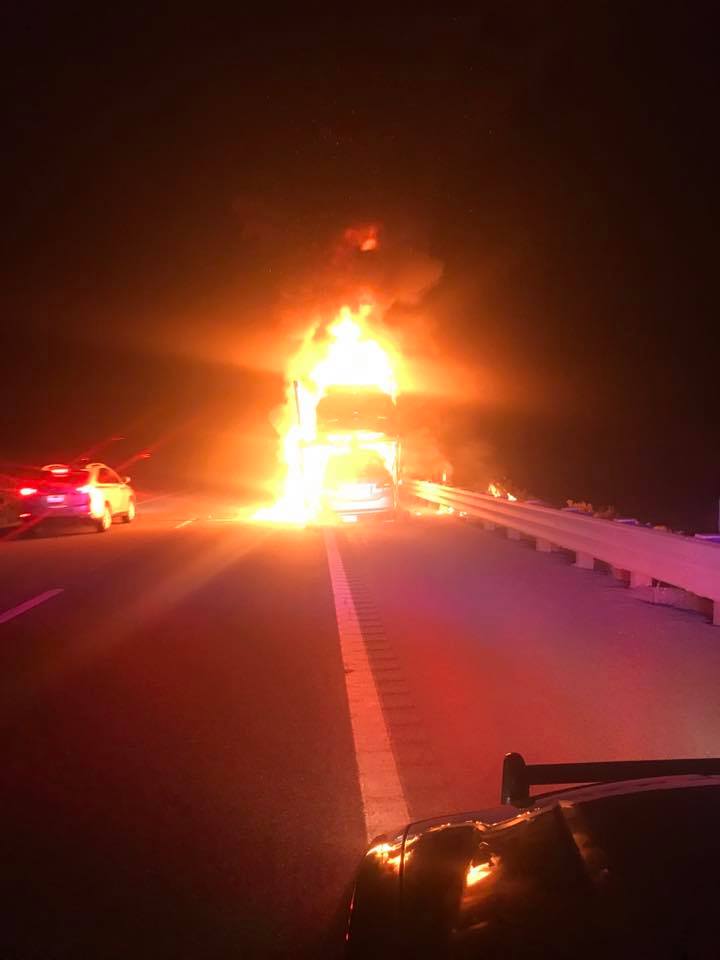 Semi tractor trailer carrying Tesla vehicles caught fire on I-80 E/B near Carlin. No word if anyone was hurt