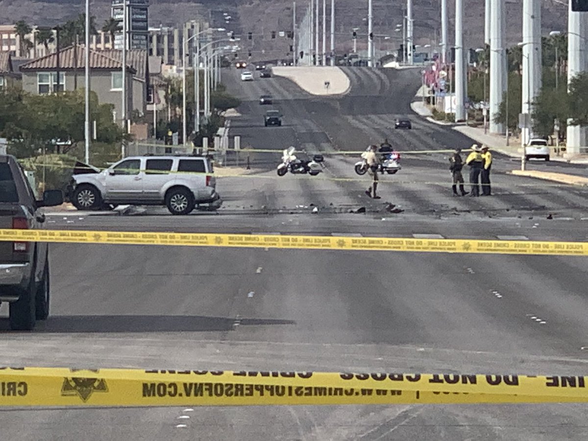 Deadly crash involving 2 cars at Durango & Russell around 8:35 a.m. Road closed in all directions. One driver is dead &amp; the other has been taken to the hospital. @LVMPD said a 12-year-old got out of the fatal car and was taken to the hospital by family as a precaution
