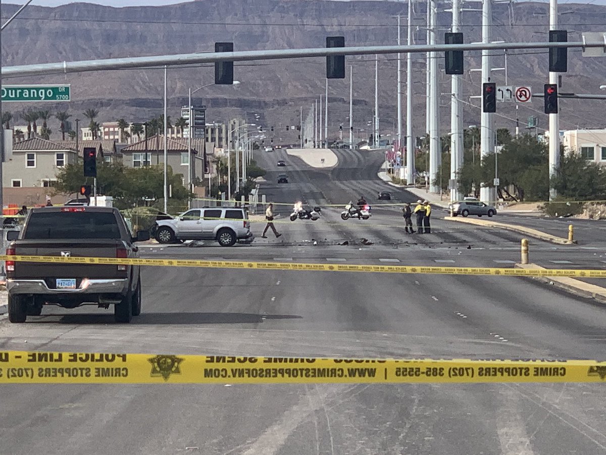 Deadly crash involving 2 cars at Durango & Russell around 8:35 a.m. Road closed in all directions. One driver is dead &amp; the other has been taken to the hospital. @LVMPD said a 12-year-old got out of the fatal car and was taken to the hospital by family as a precaution