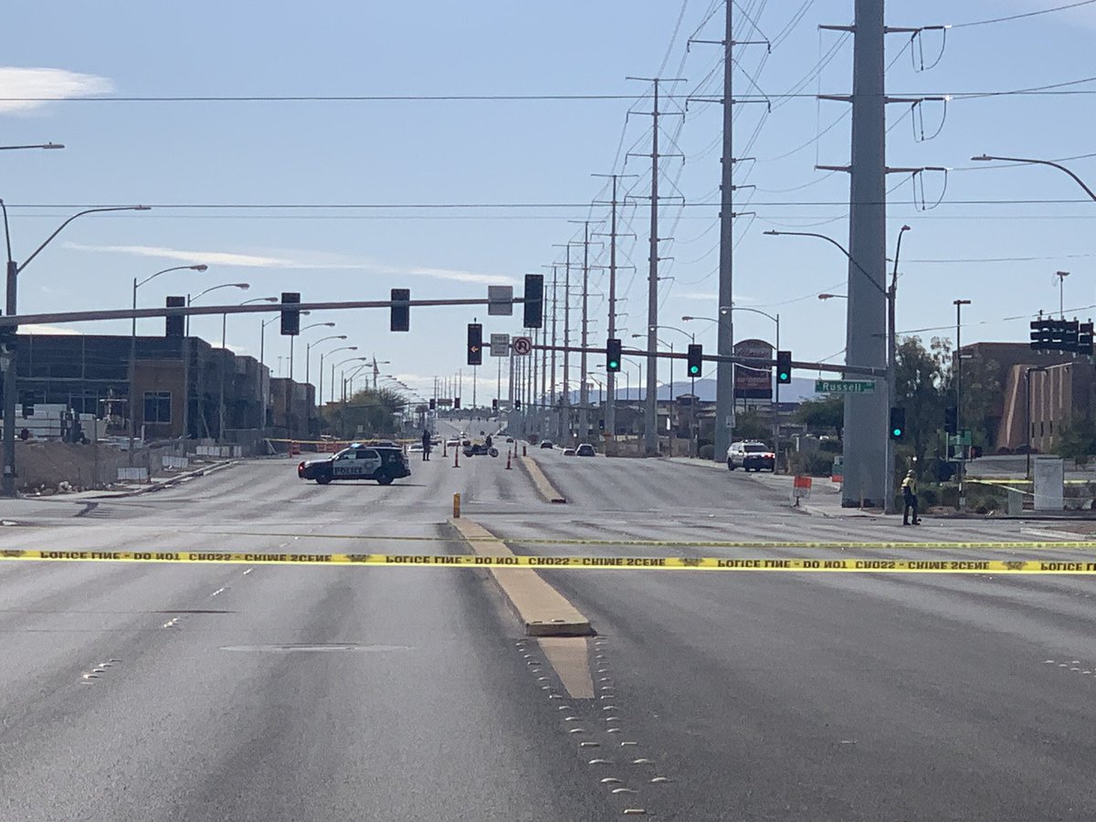 Deadly crash involving 2 cars at Durango & Russell around 8:35 a.m. Road closed in all directions. One driver is dead &amp; the other has been taken to the hospital. @LVMPD said a 12-year-old got out of the fatal car and was taken to the hospital by family as a precaution