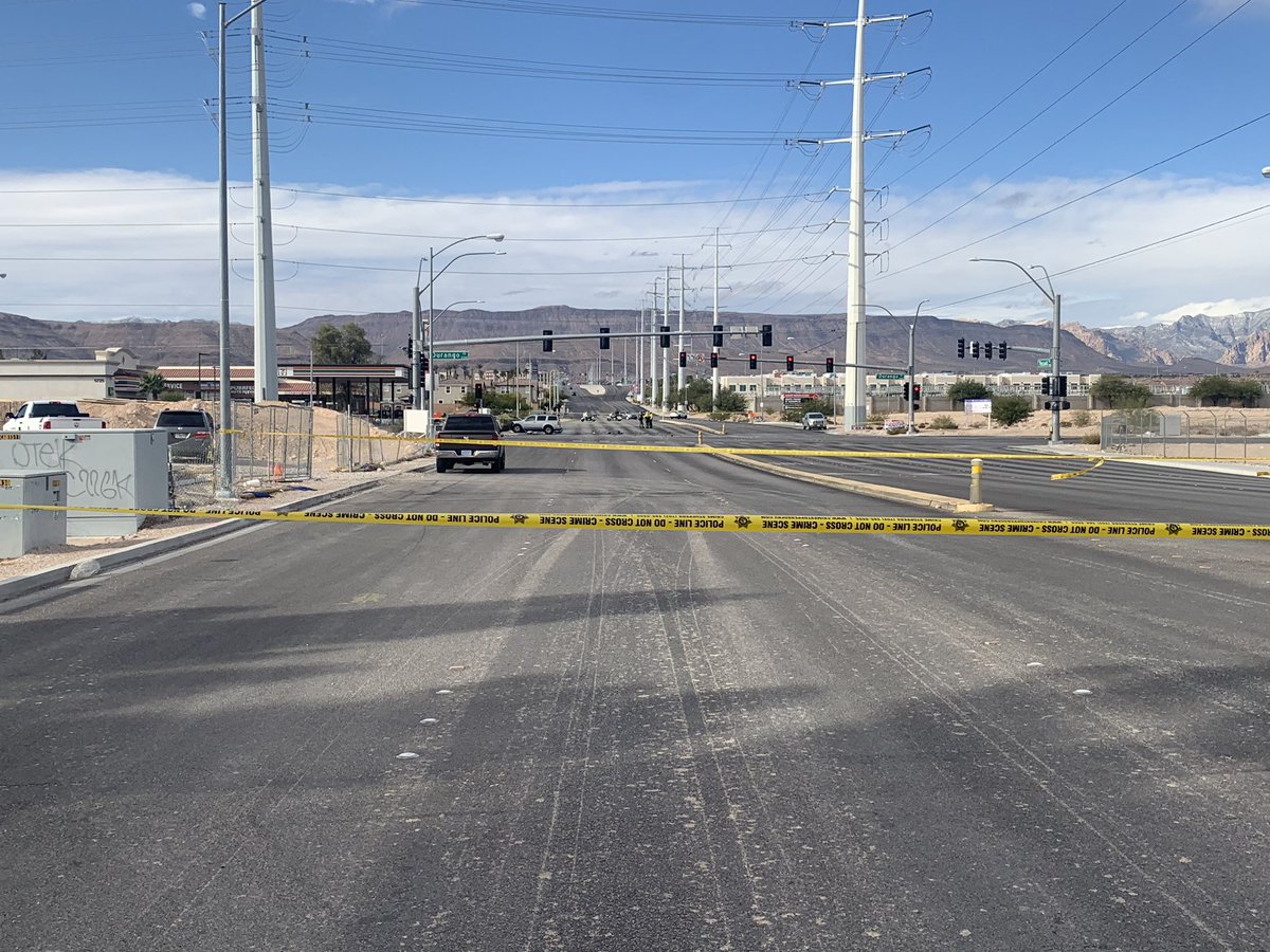Deadly crash involving 2 cars at Durango & Russell around 8:35 a.m. Road closed in all directions. One driver is dead &amp; the other has been taken to the hospital. @LVMPD said a 12-year-old got out of the fatal car and was taken to the hospital by family as a precaution