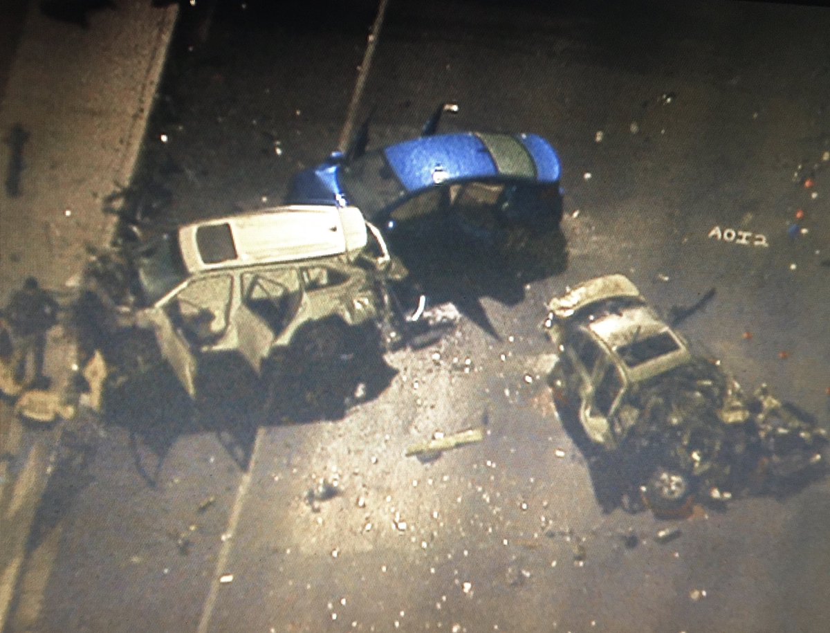 Three-vehicle accident with a fatality as Las Vegas Blvd closed between Robindale & Warm Springs.    Investigative markings indicate a southbound vehicle hopped the median into northbound lanes