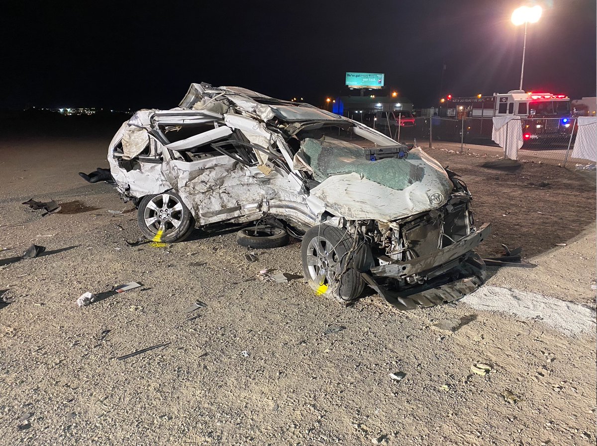 Photos from @NLVPD show the damage caused by the impact. The white van held the 7 passengers who died, and the red Challenger was the speeding car holding two people who died. A 10th is in critical condition at UMC. 15 people and 6 cars total were involved