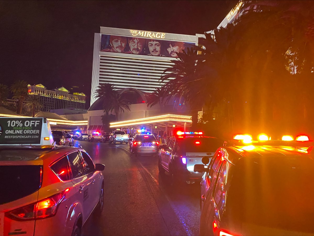 Here's a look at the police presence outside The Mirage on the Las Vegas Strip. Police say one person is dead after a shooting in a hotel room