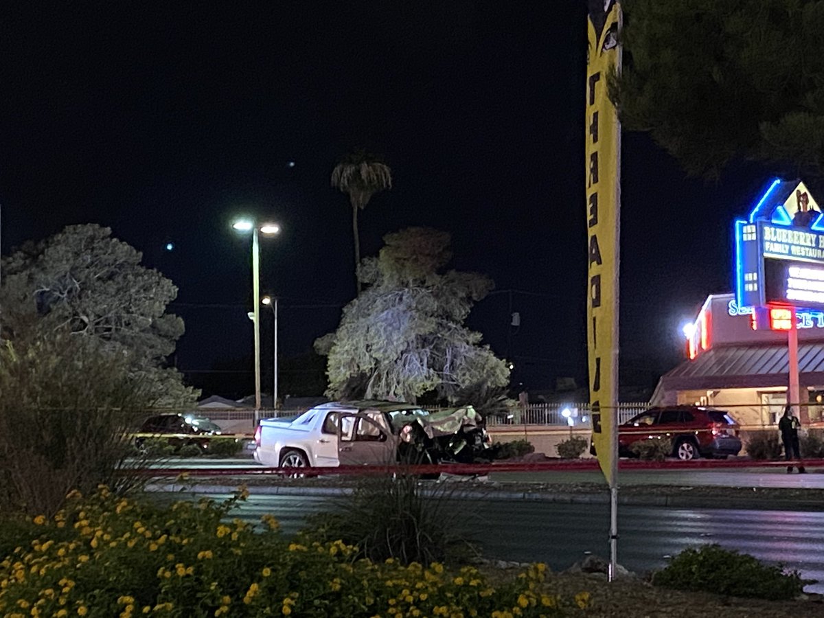 Dozens of police. Roads surrounding the Blueberry Hill restaurant on S Decatur Blvd shut down.  the vehicle the suspect was in during the car chase tonight. Suspect in custody