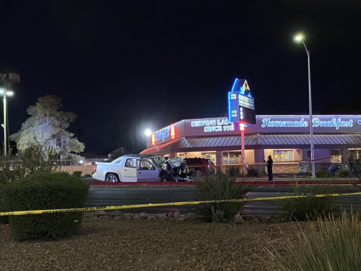 Dozens of police. Roads surrounding the Blueberry Hill restaurant on S Decatur Blvd shut down.  the vehicle the suspect was in during the car chase tonight. Suspect in custody 