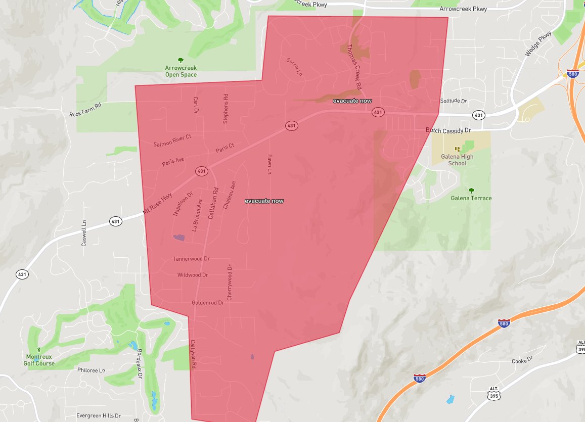 Evacuations are underway for the areas shaded in red. An evacuation center has been setup at the South Valleys Library